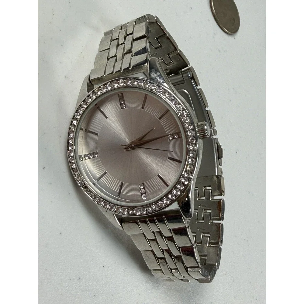 Silver Tone Crystal Bezel Quartz Watch 38mm